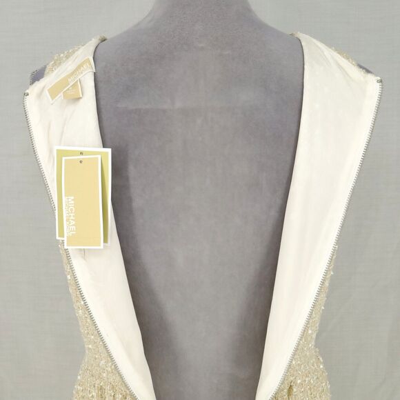 Michael Kors Dress Womens 6 Beige Gold Metallic Tweed Lined Back Zip Pockets New - Picture 14 of 16